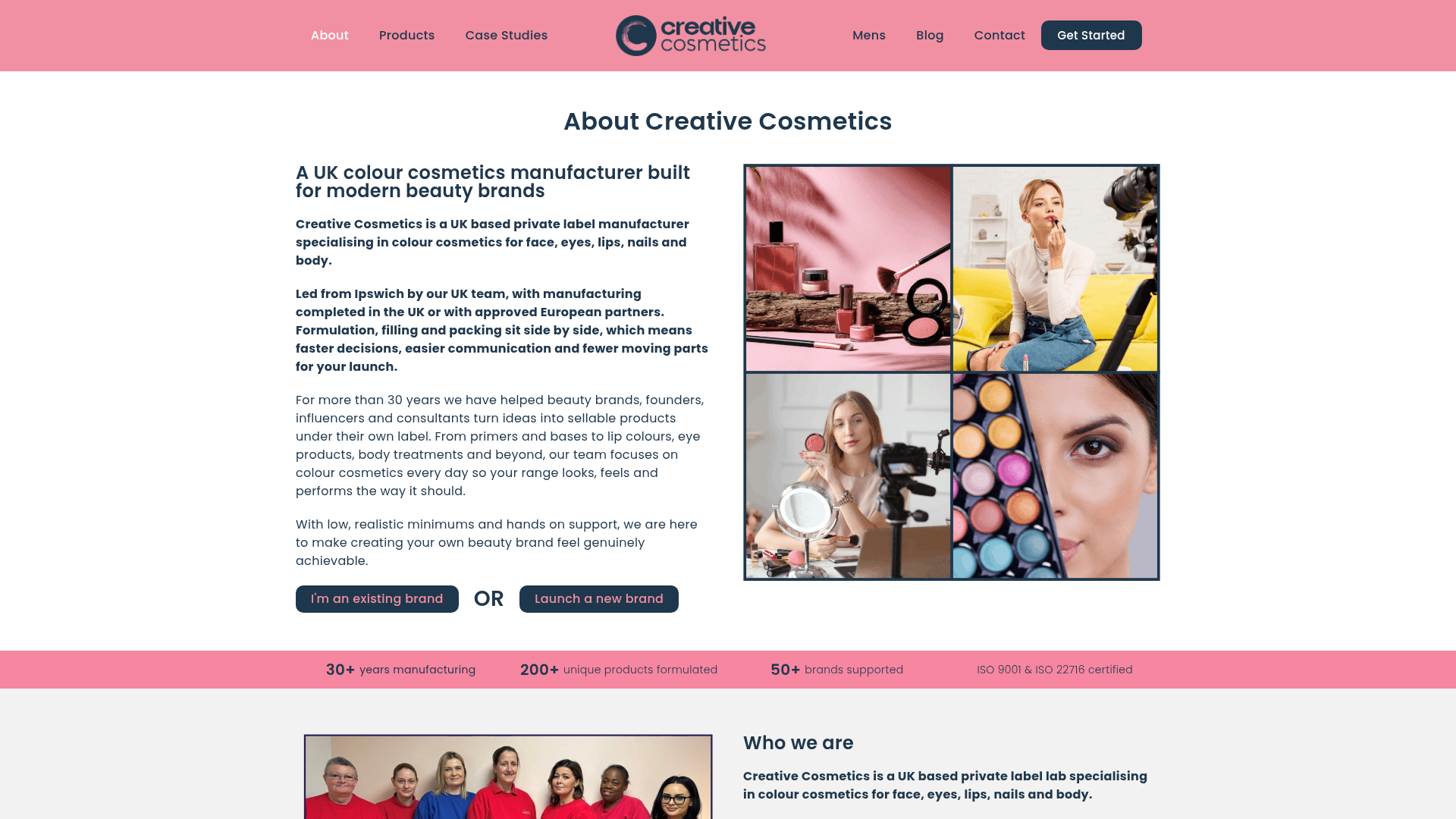 Creative Cosmetics about page showing company credentials, stats bar and lifestyle imagery grid