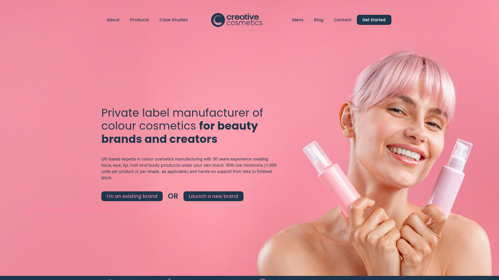 Creative Cosmetics website homepage — pink hero with lifestyle photography and dual CTA buttons