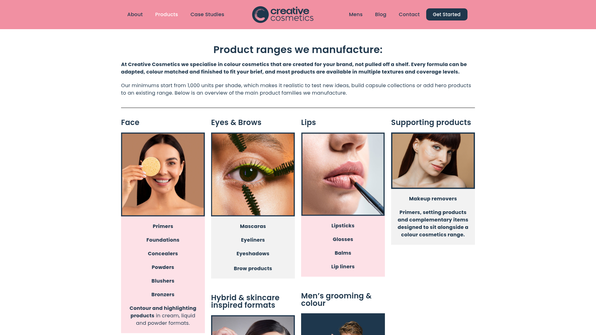 Creative Cosmetics products page showing Face, Eyes & Brows, Lips and Supporting products categories