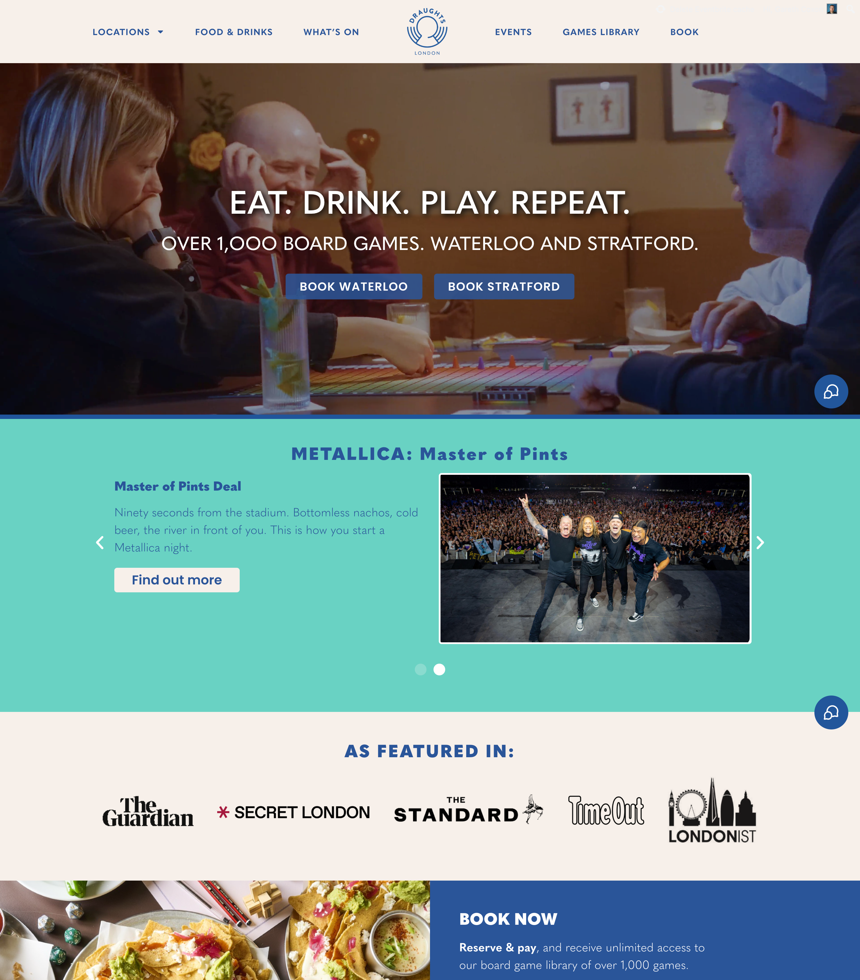 Draughts London homepage - EAT. DRINK. PLAY. REPEAT. with booking CTAs