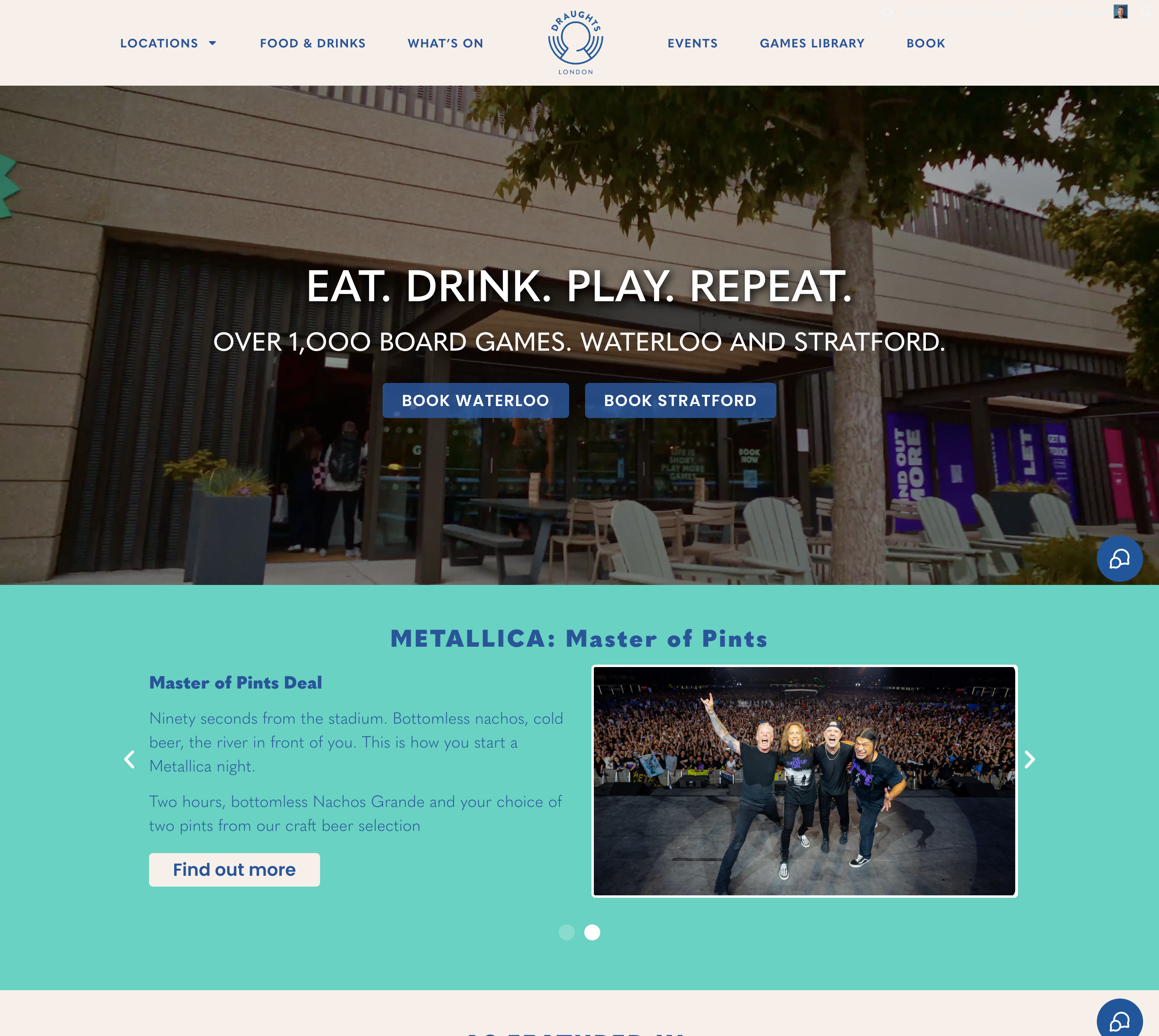Draughts London homepage - EAT. DRINK. PLAY. REPEAT.