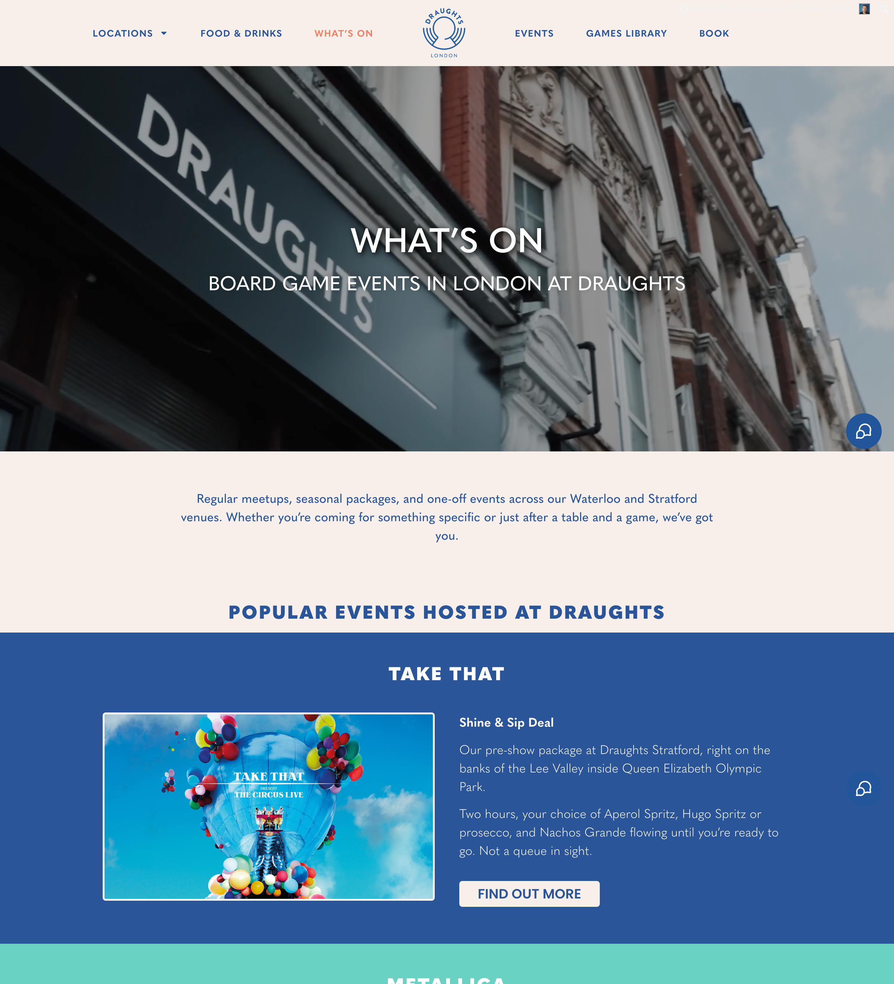Draughts London What's On page showing themed event listings