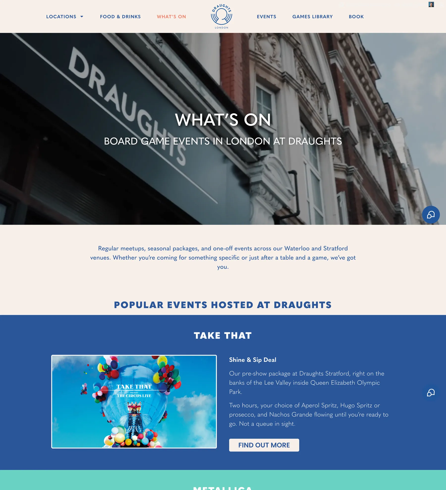 Draughts London What's On page showing themed event panels including Metallica, British Museum and Board Game Meetups