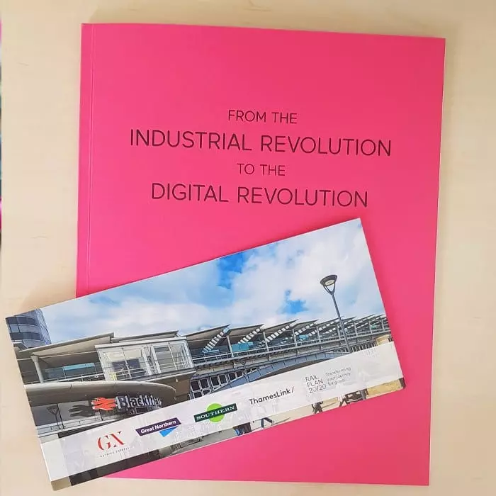GTR Essays brochure — From the Industrial Revolution to the Digital Revolution, hot pink cover with Rail Plan booklet