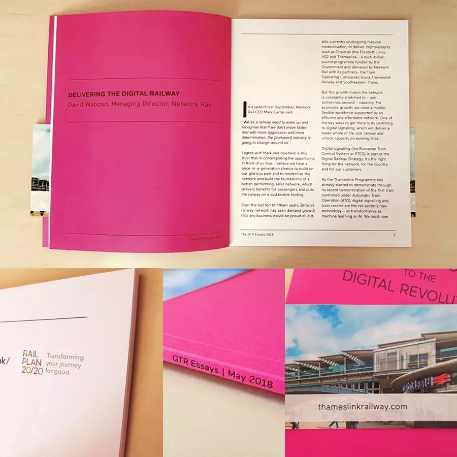 GTR Essays brochure open interior spread showing Delivering the Digital Railway essay, alongside spine and cover detail