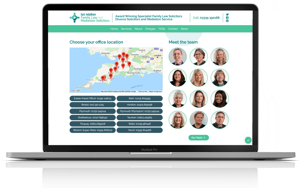 Ian Walker Family Law website on laptop showing office locations and team