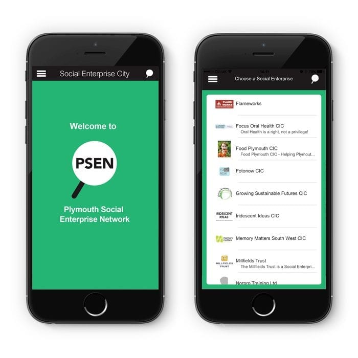Plymouth Social Enterprise Network mobile app — welcome screen and enterprise directory listing