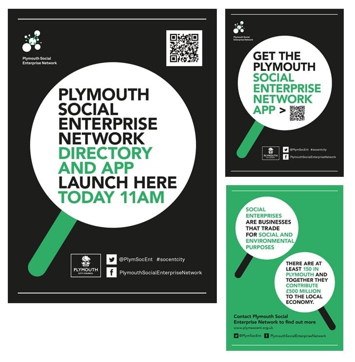 Plymouth Social Enterprise Network launch posters — Directory and App Launch, Get the App, and Social Enterprise facts