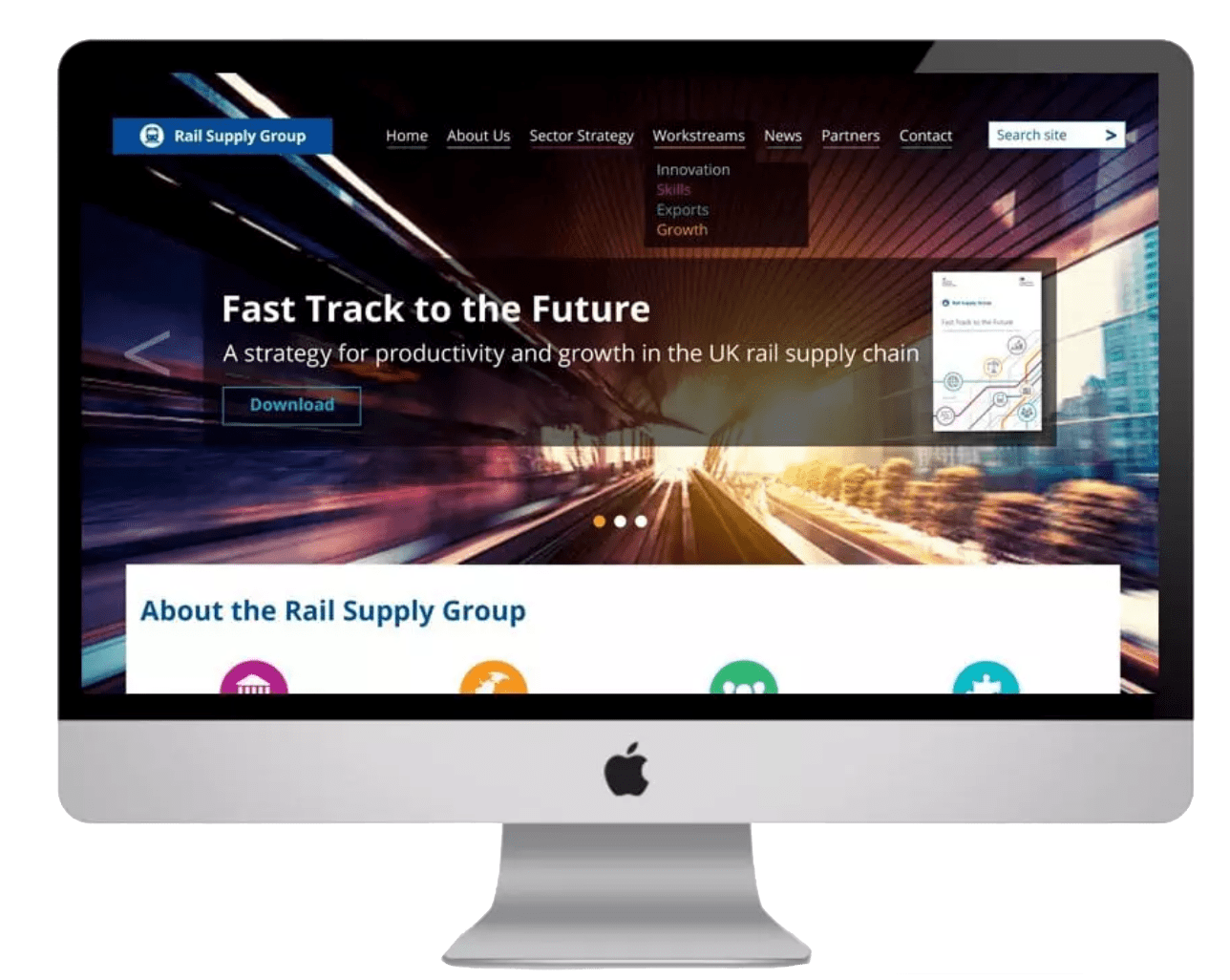 Rail Supply Group website on iMac — Fast Track to the Future hero slider