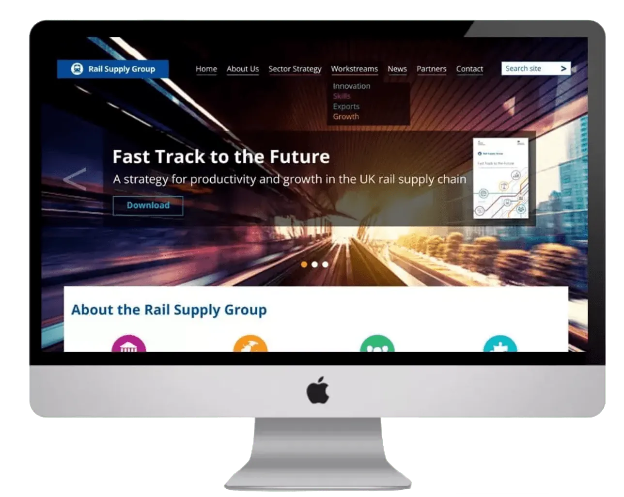 Rail Supply Group website on iMac - Fast Track to the Future hero slider