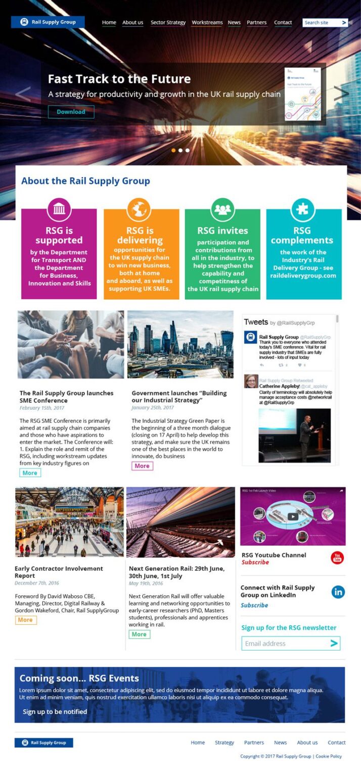 Rail Supply Group full website homepage layout showing hero slider, colour-coded sections, news articles and Twitter feed