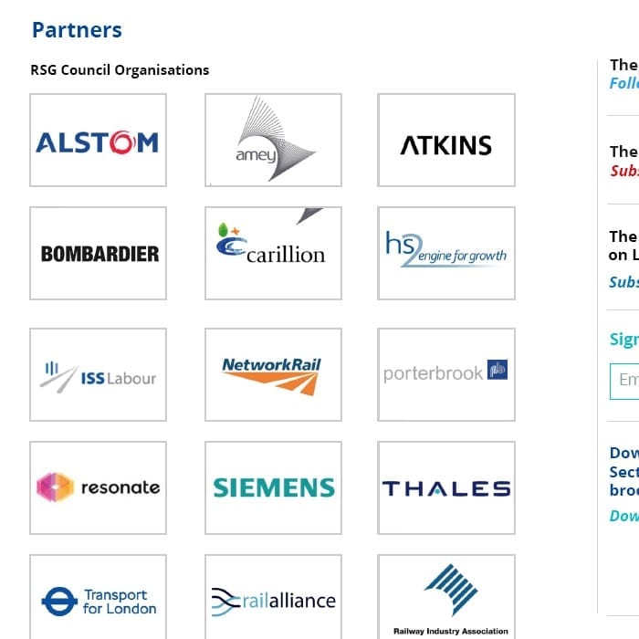 Rail Supply Group partners page showing council organisation logos including Alstom, Bombardier, Network Rail and Siemens