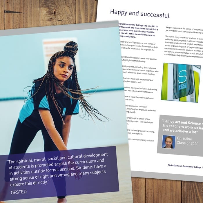 Happy and successful prospectus spread showing Stoke Damerel Community College