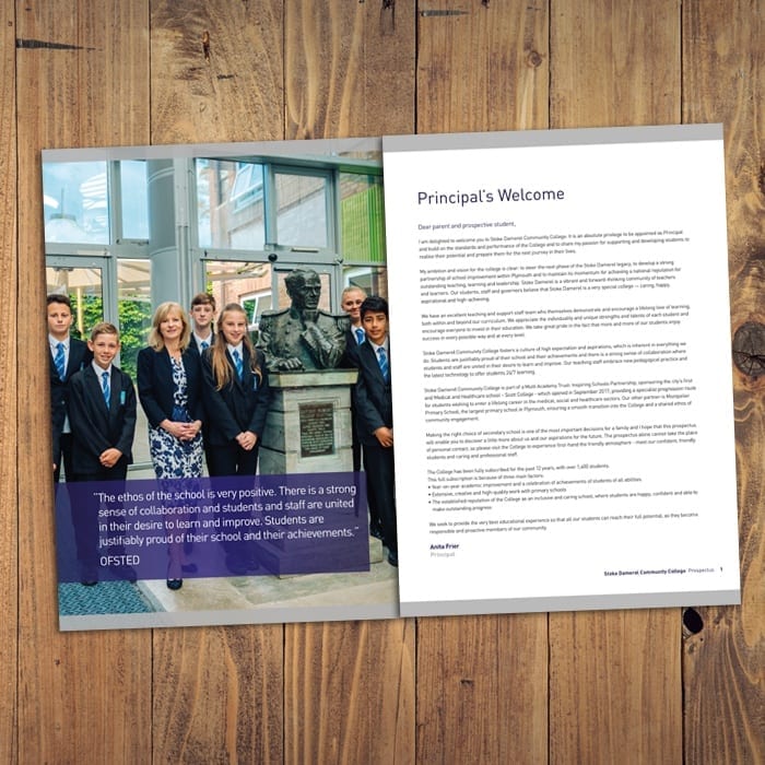 Stoke Damerel Community College prospectus Principal's Welcome spread