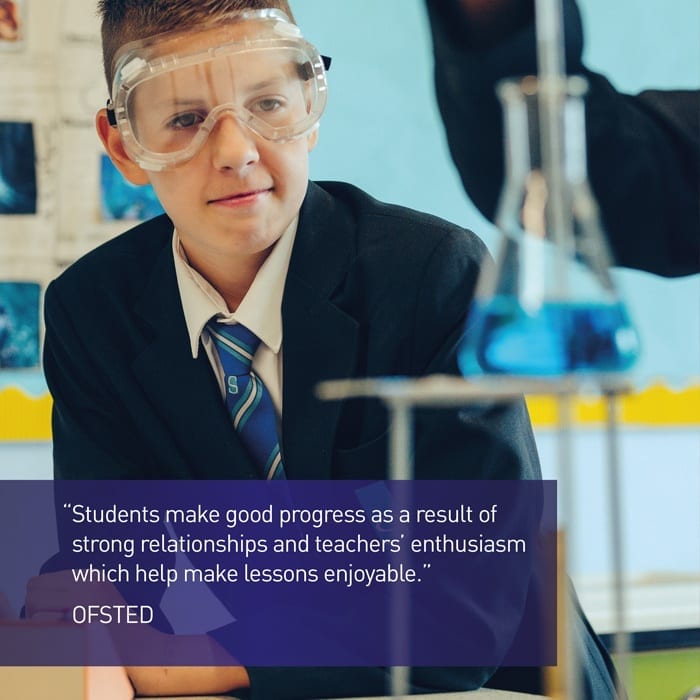 Student in science lesson with OFSTED quote about strong relationships and teachers' enthusiasm