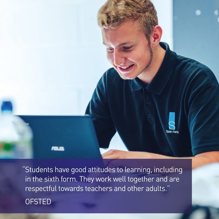 Sixth form student on laptop with OFSTED quote about good attitudes to learning