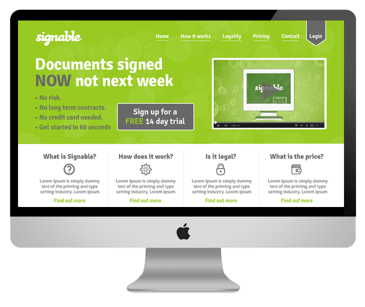 Signable website homepage on desktop — Documents signed NOW not next week
