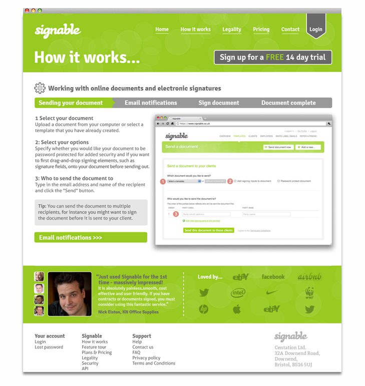 Signable 'How it works' page showing the step-by-step document signing process