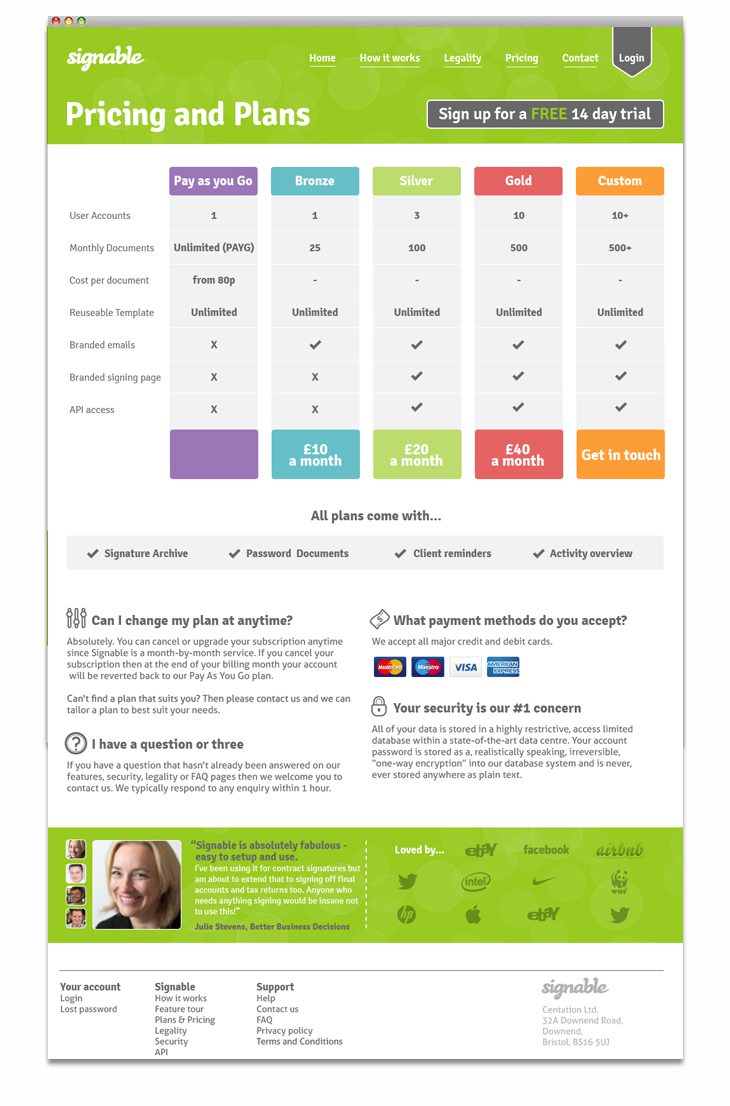 Signable pricing and plans page with colour-coded tier comparison