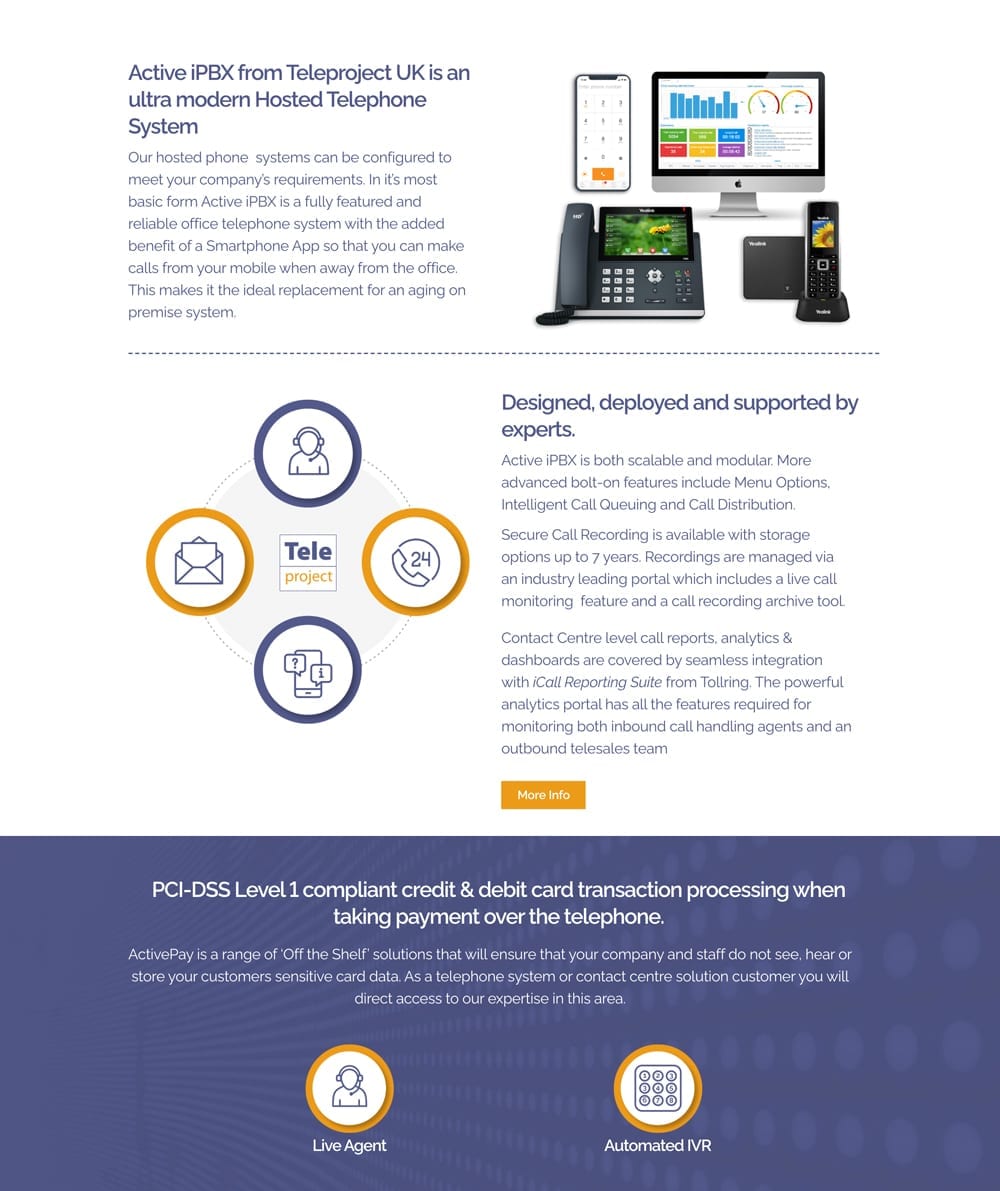 Teleproject UK website showing Active iPBX and services sections