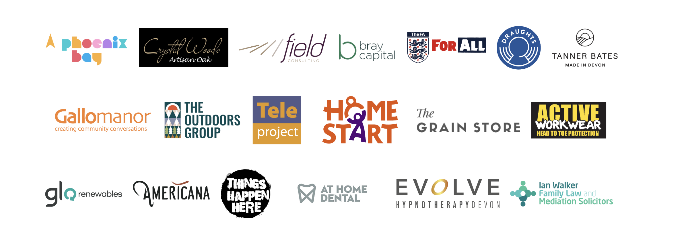Trusted brand logos including Phoenix Bay, Crystal Woods, Field Consulting, Bray Capital, The FA For All, Draughts, Tanner Bates, Gallomanor, The Outdoors Group, Tele Project, Home Start, The Grain Store, Active Workwear, Glo Renewables, Americana, Things Happen Here, At Home Dental, Evolve Hypnotherapy, and Ian Walker Family Law